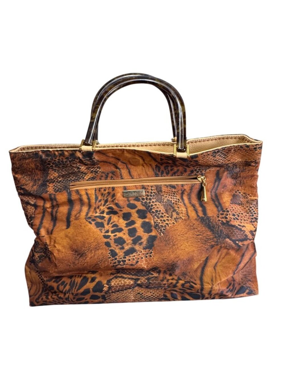 Plinio Visona Animal Print Tote Tortoiseshell Handles Leather Italy 16" XL Bag - Picture 5 of 8